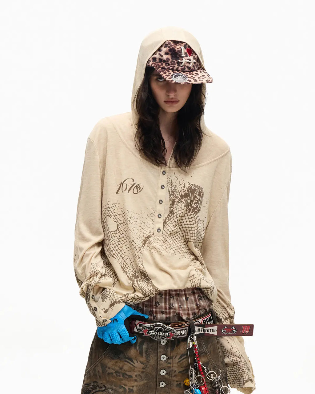 Peoplesense Vintage Mesh Fitted Hoodie Beige