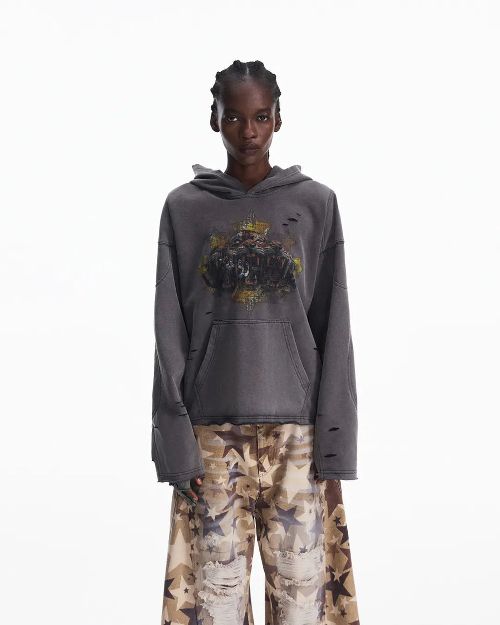 Peoplesense Tiger Print Distressed Hoodie