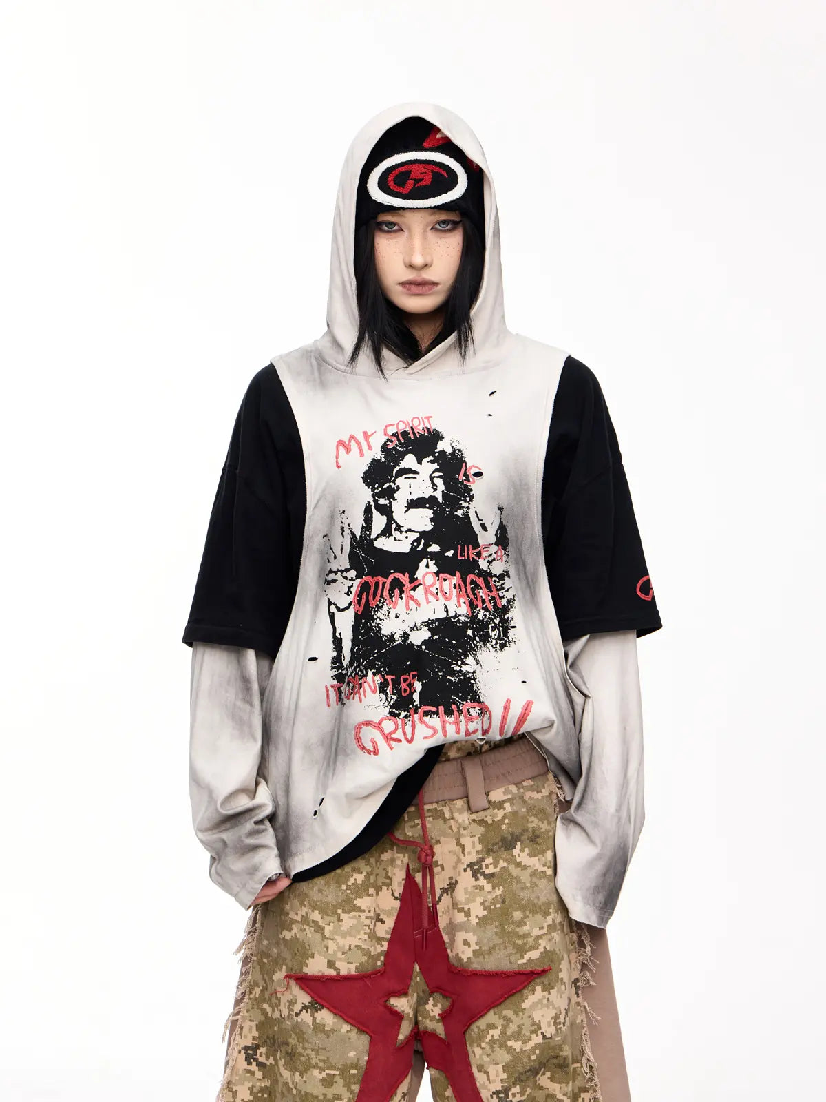Peoplesense Dirty Dyed Fake Two Piece Hooded Shirt