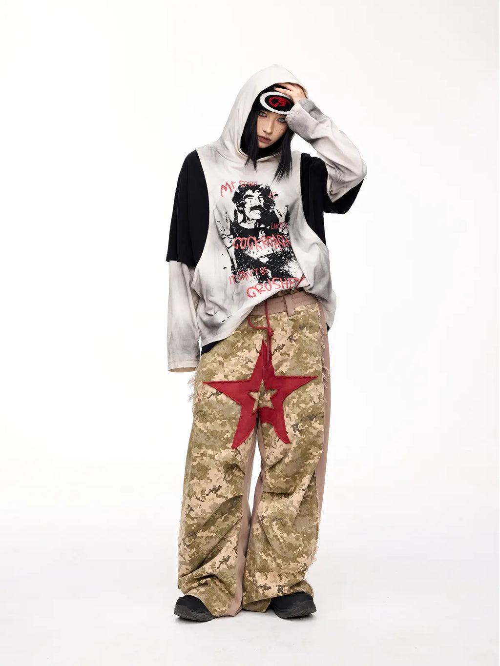Peoplesense Dirty Dyed Fake Two Piece Hooded Shirt