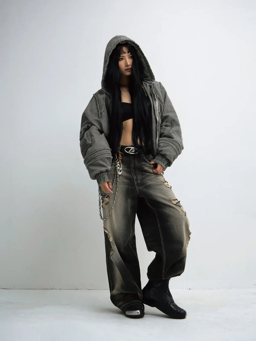 Peoplesense Black Mud Ripped Baggy Jeans