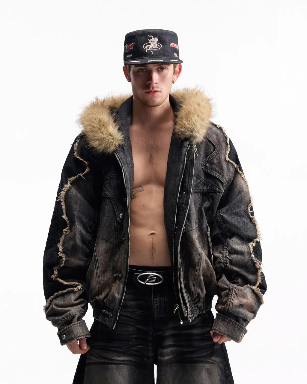 Peoplesense Fur-Trim Hood Racing Denim Jacket