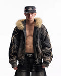 Peoplesense Fur-Trim Hood Racing Denim Jacket