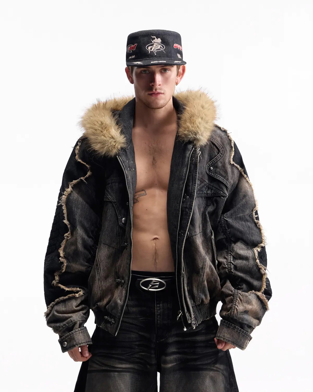 Peoplesense Fur-Trim Hood Racing Denim Jacket