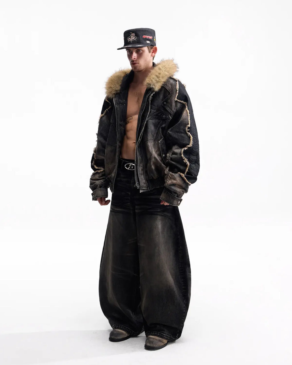 Peoplesense Fur-Trim Hood Racing Denim Jacket