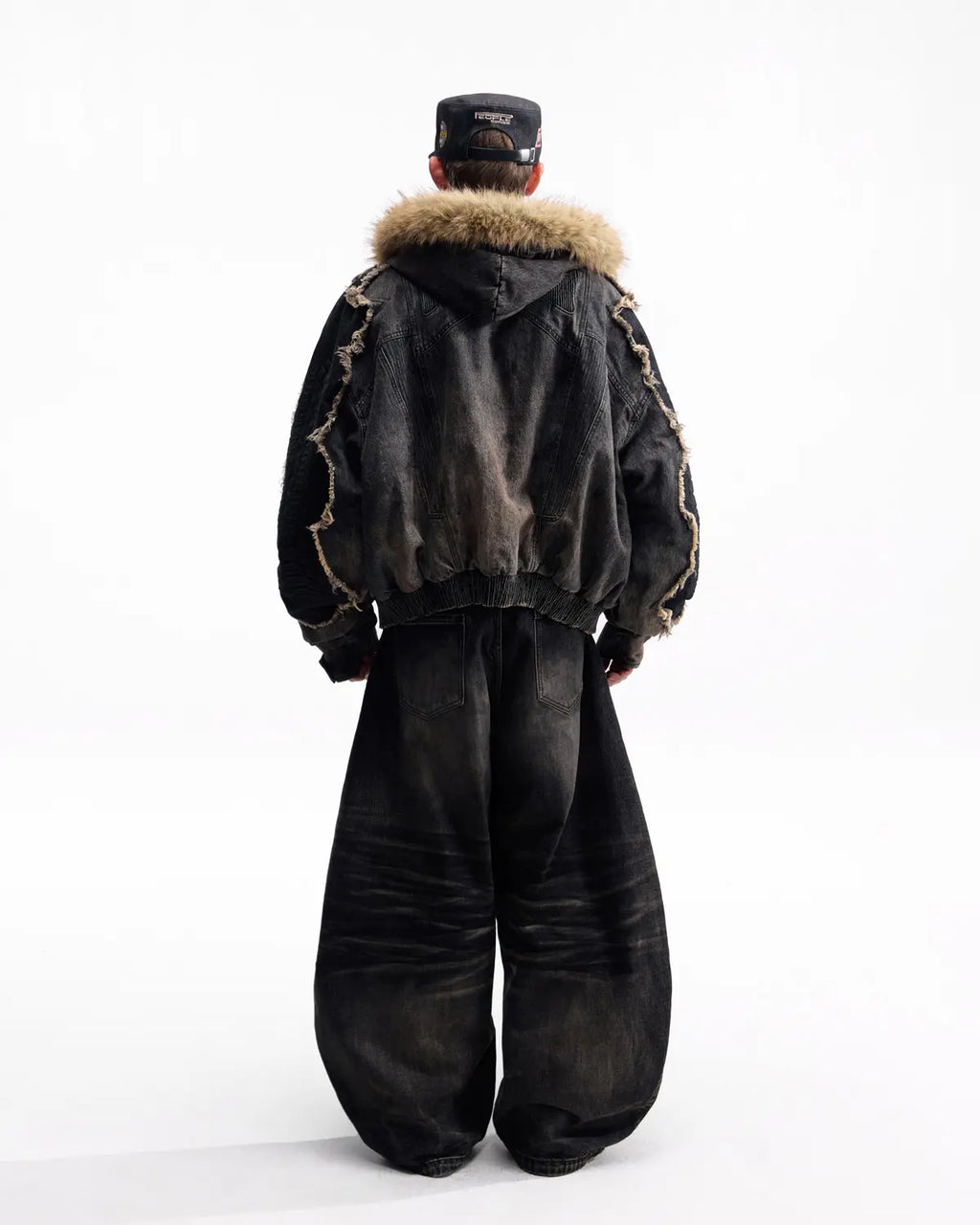 Peoplesense Fur-Trim Hood Racing Denim Jacket