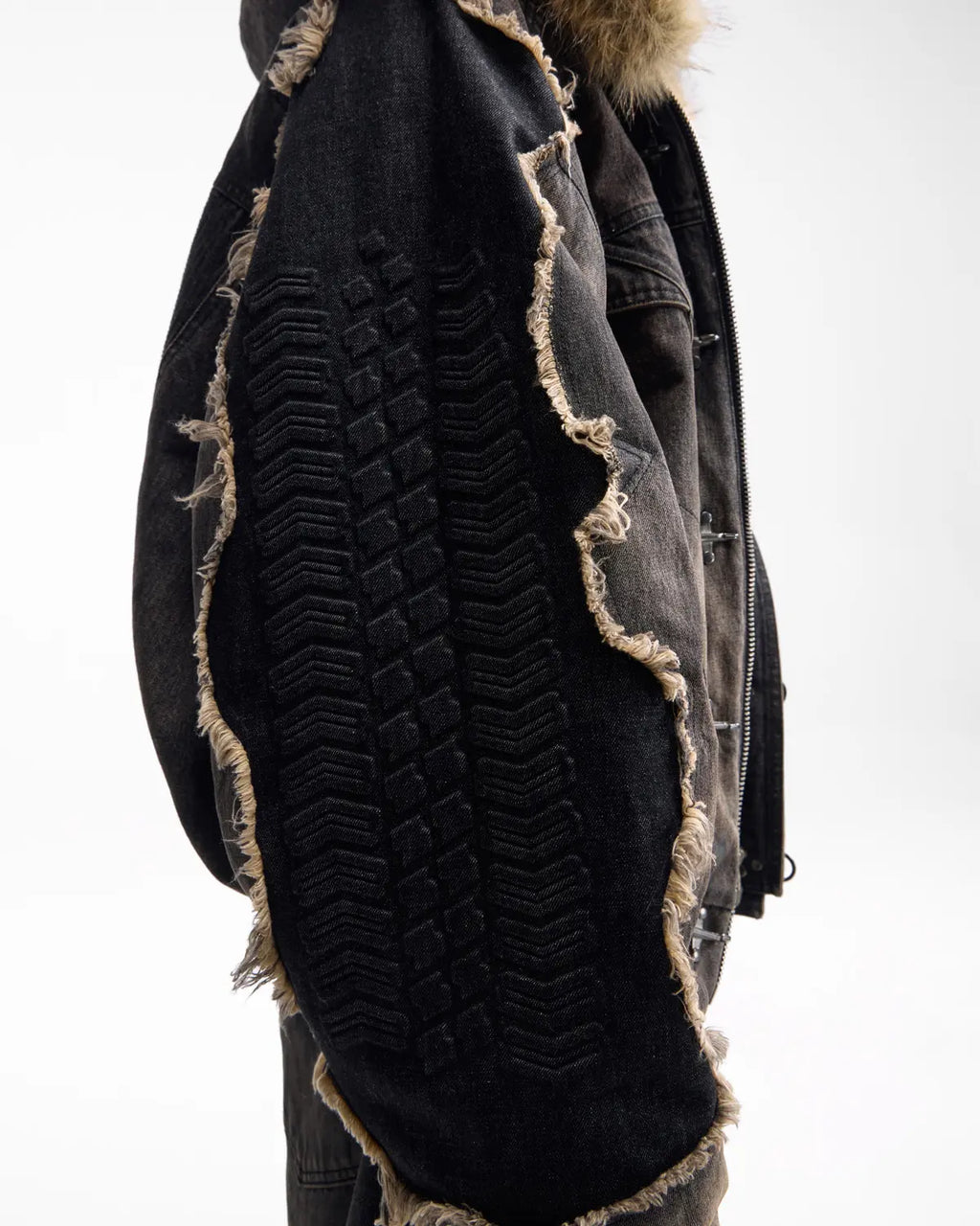 Peoplesense Fur-Trim Hood Racing Denim Jacket