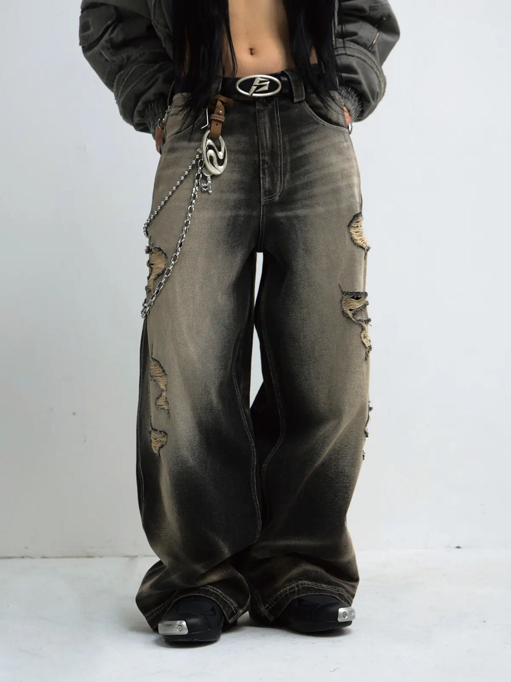 Peoplesense Black Mud Ripped Baggy Jeans