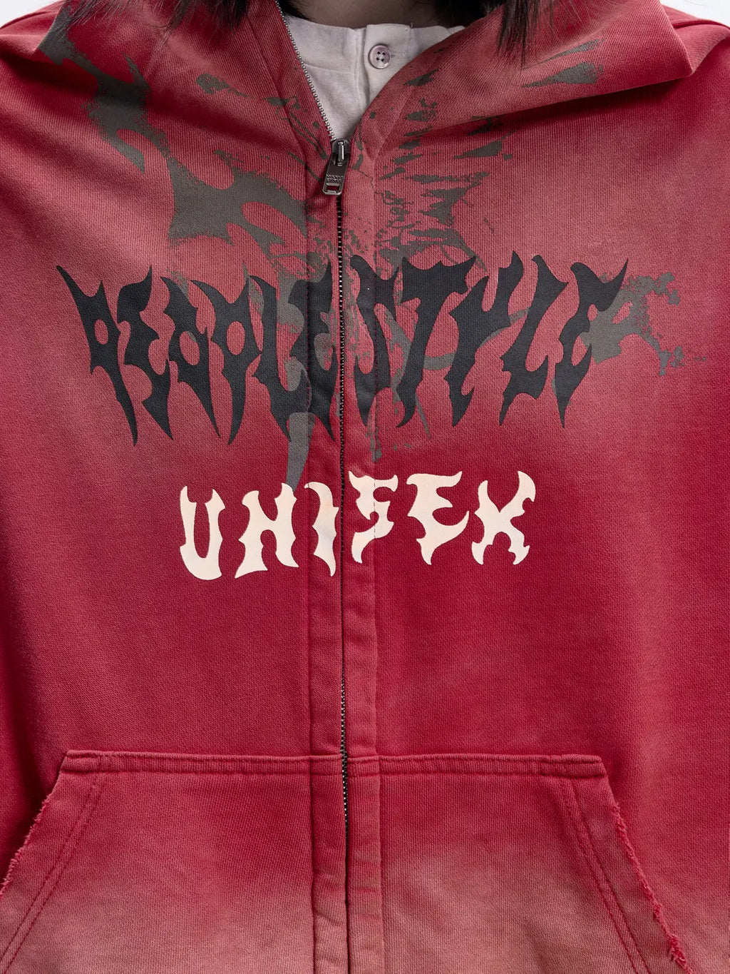 Peoplesense Ripped Full Zip Face Mask Hoodie（Black and Red）
