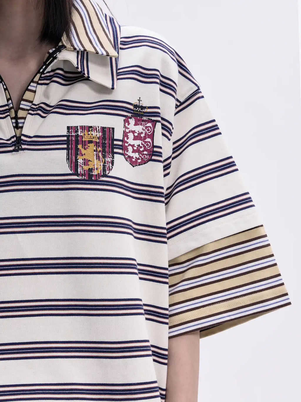 Peoplesense Layered Collar Zip Stripe Polo Shirt