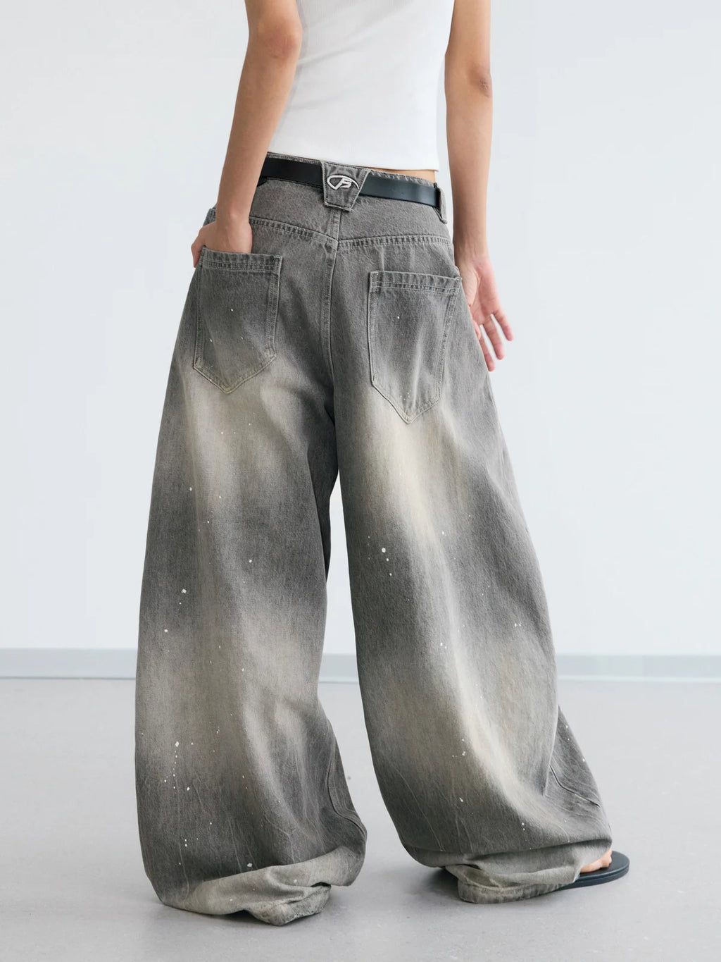 Peoplesense Vintage Ink-Splatter Grey Wide-Leg Jeans