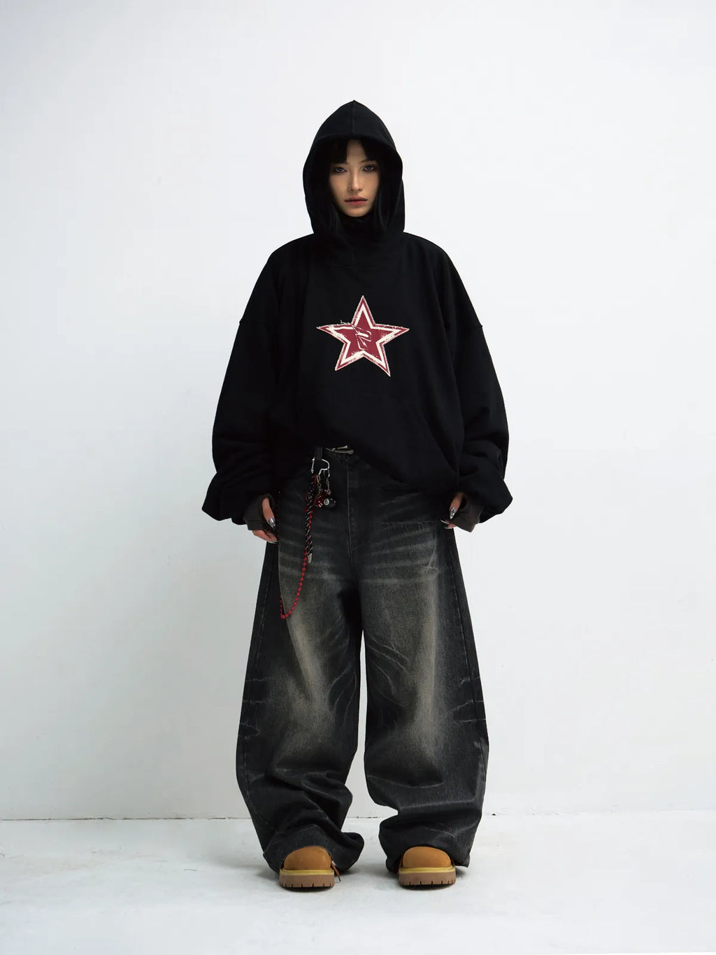 Peoplesense Black Embroidered Print Oversized Hoodie