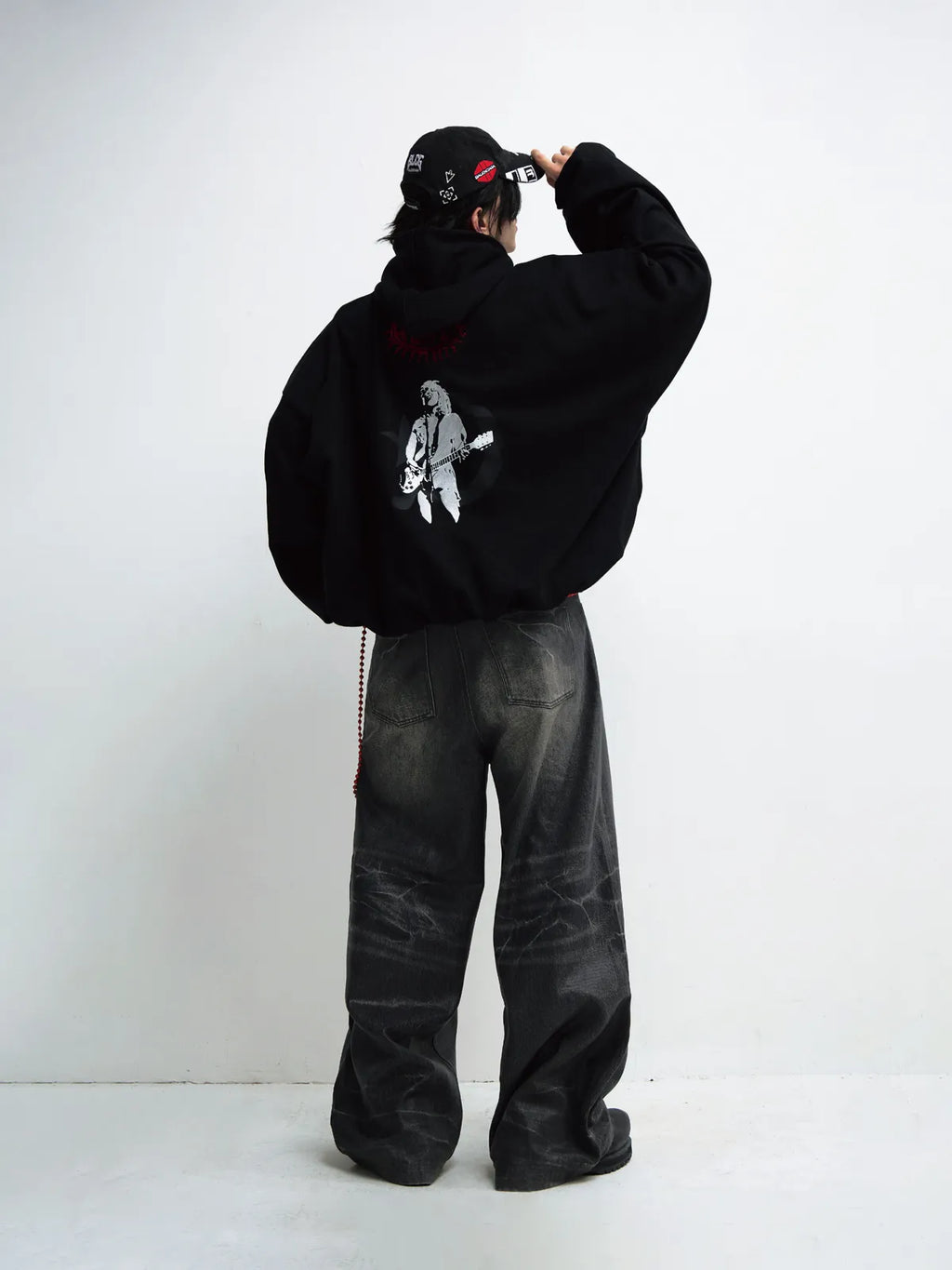 Peoplesense Black Embroidered Print Oversized Hoodie