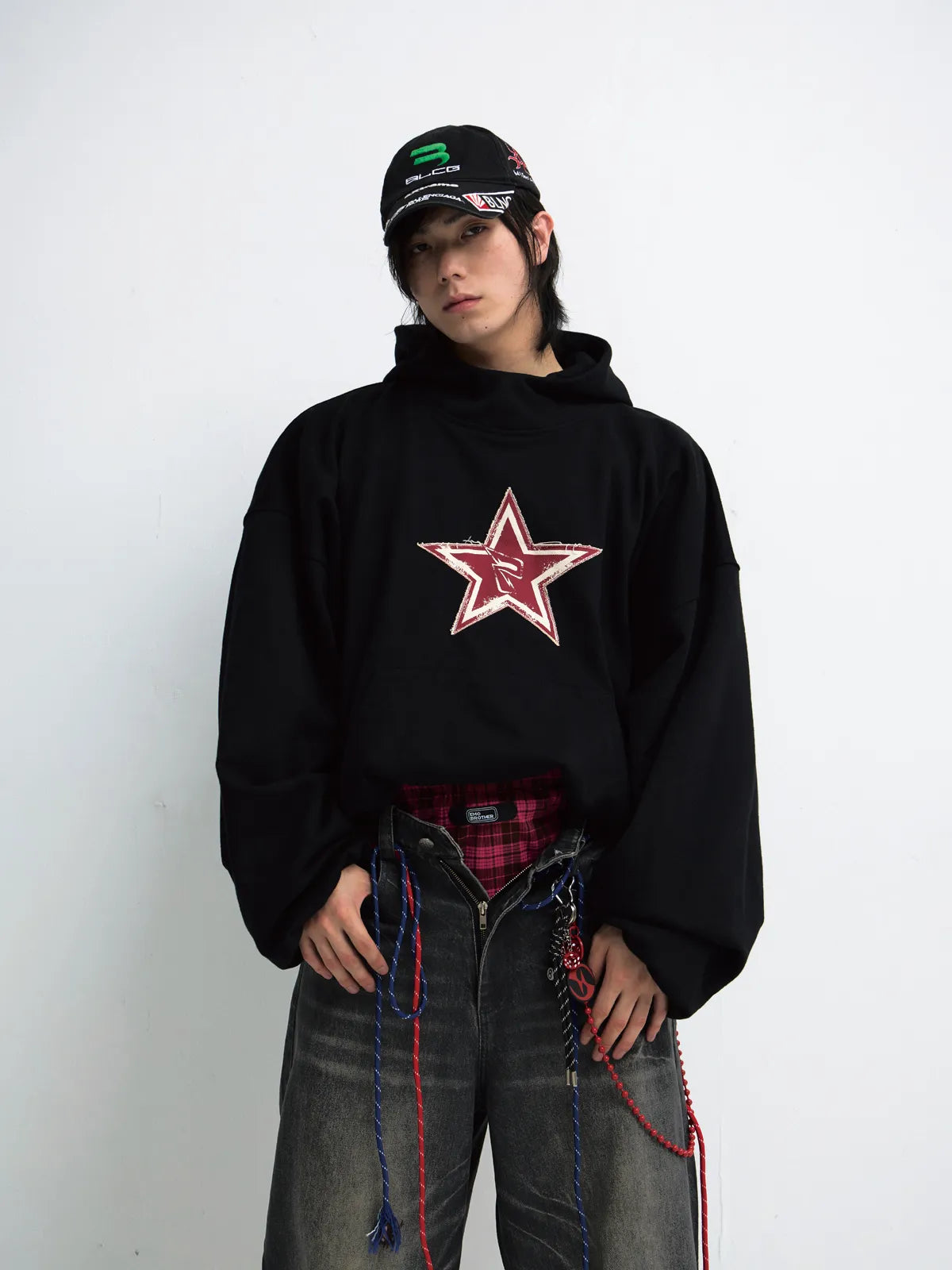 Peoplesense Black Embroidered Print Oversized Hoodie
