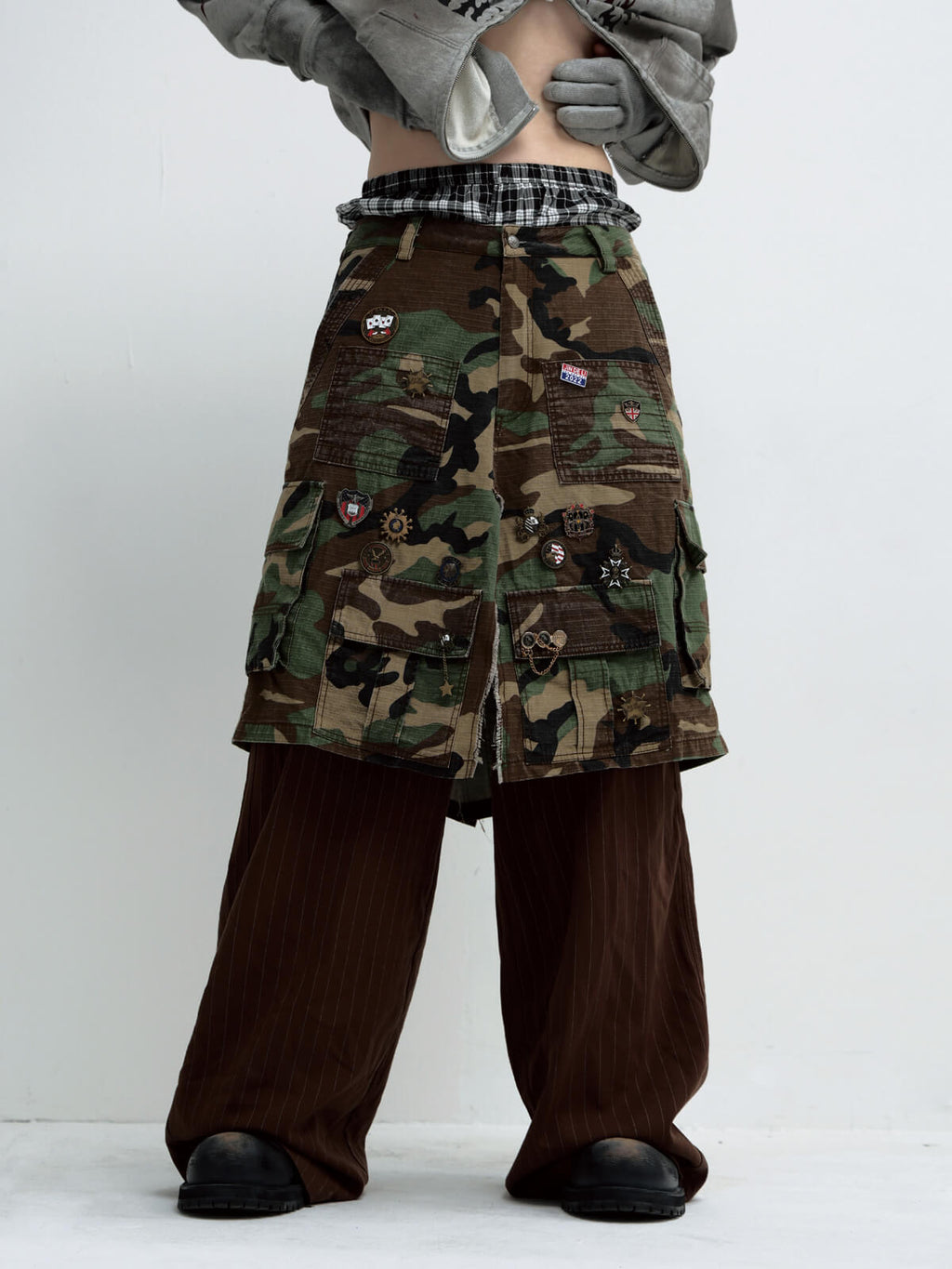 Peoplesense Fake Two Piece Camo Patchwork Cargo Pants