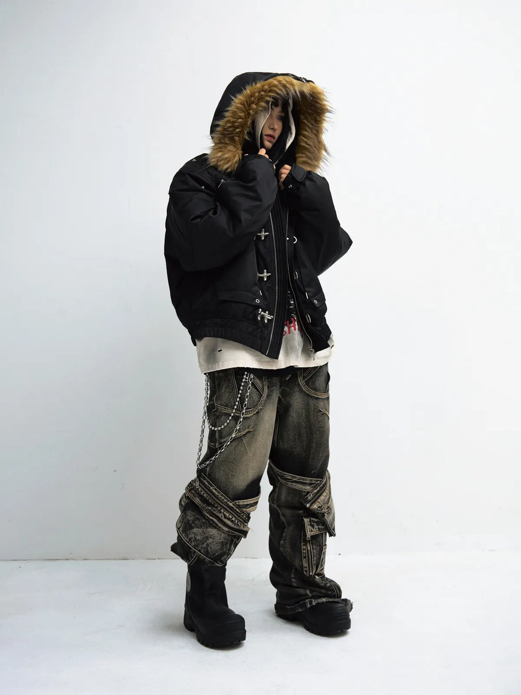 Peoplesense Short Flight Jacket with Fur Hood Black