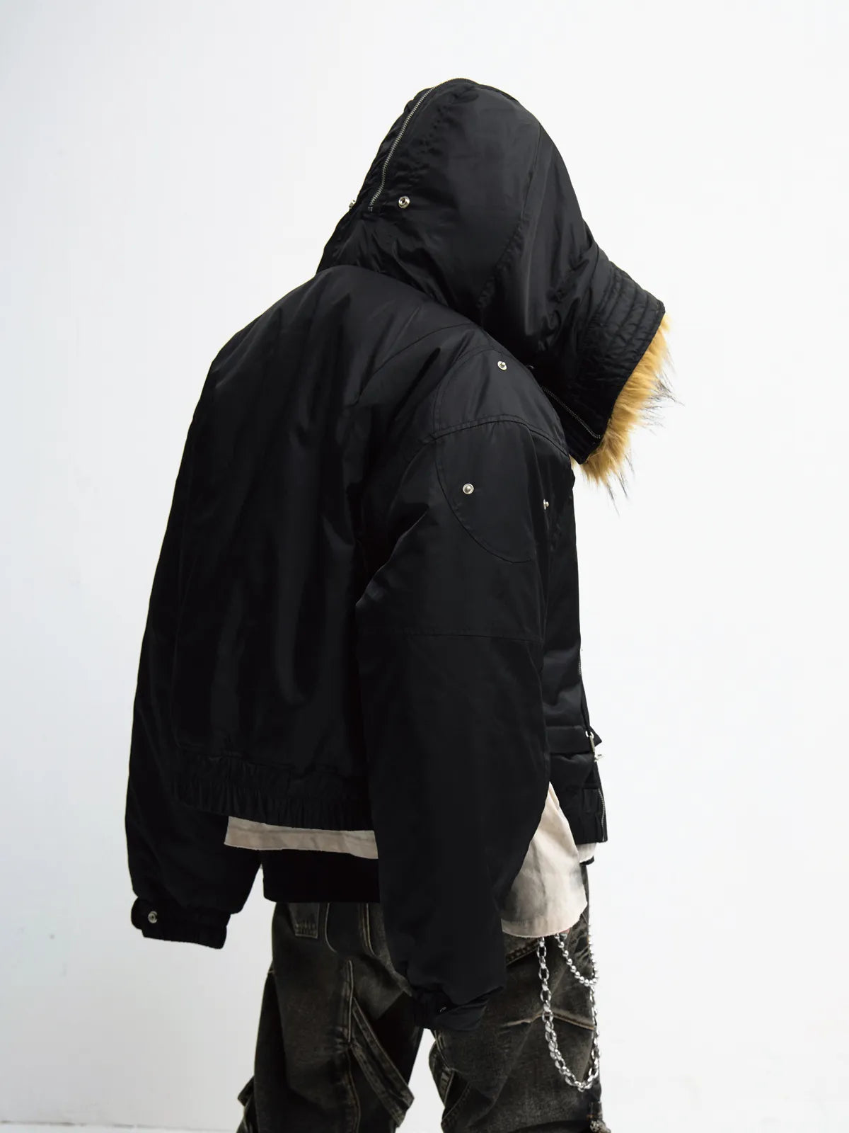 Peoplesense  Short Flight Jacket with Fur Hood Black