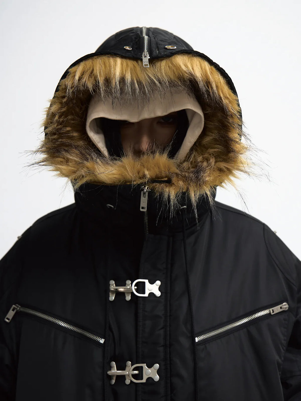 Peoplesense Short Flight Jacket with Fur Hood Black