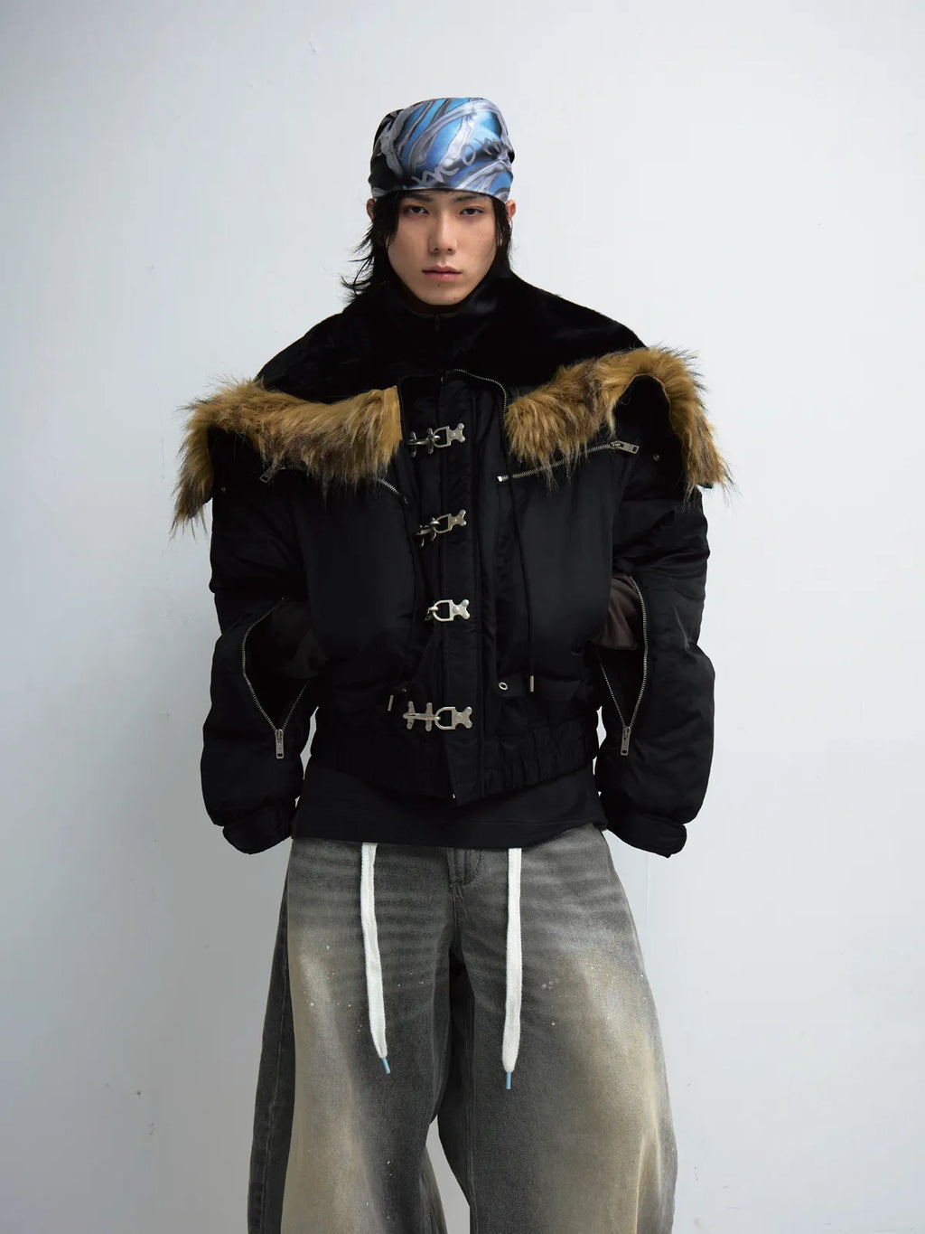 Peoplesense  Short Flight Jacket with Fur Hood Black