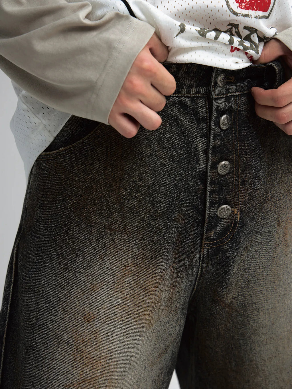 Peoplesense Mud-Dyed Straight-Leg Jeans with Camouflage Hem