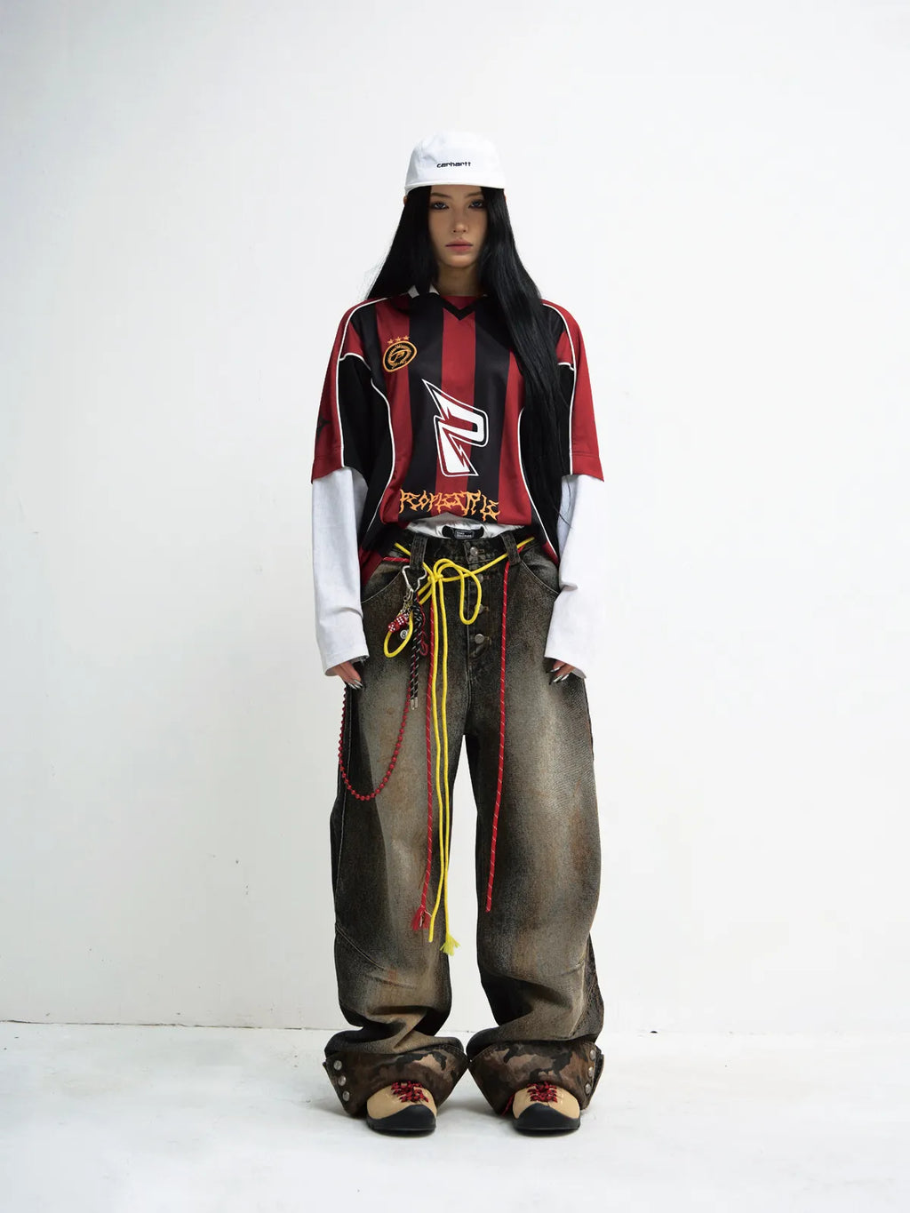 Peoplesense Mud-Dyed Straight-Leg Jeans with Camouflage Hem