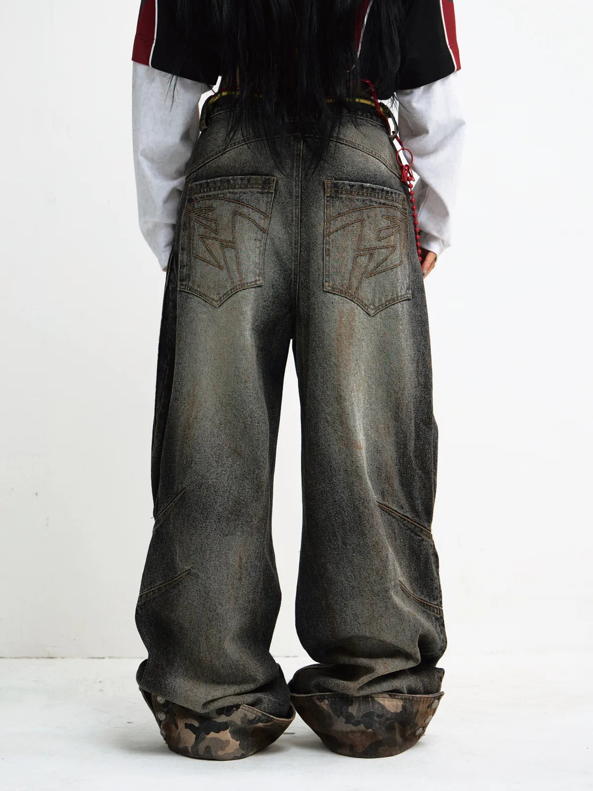 Peoplesense Mud-Dyed Straight-Leg Jeans with Camouflage Hem