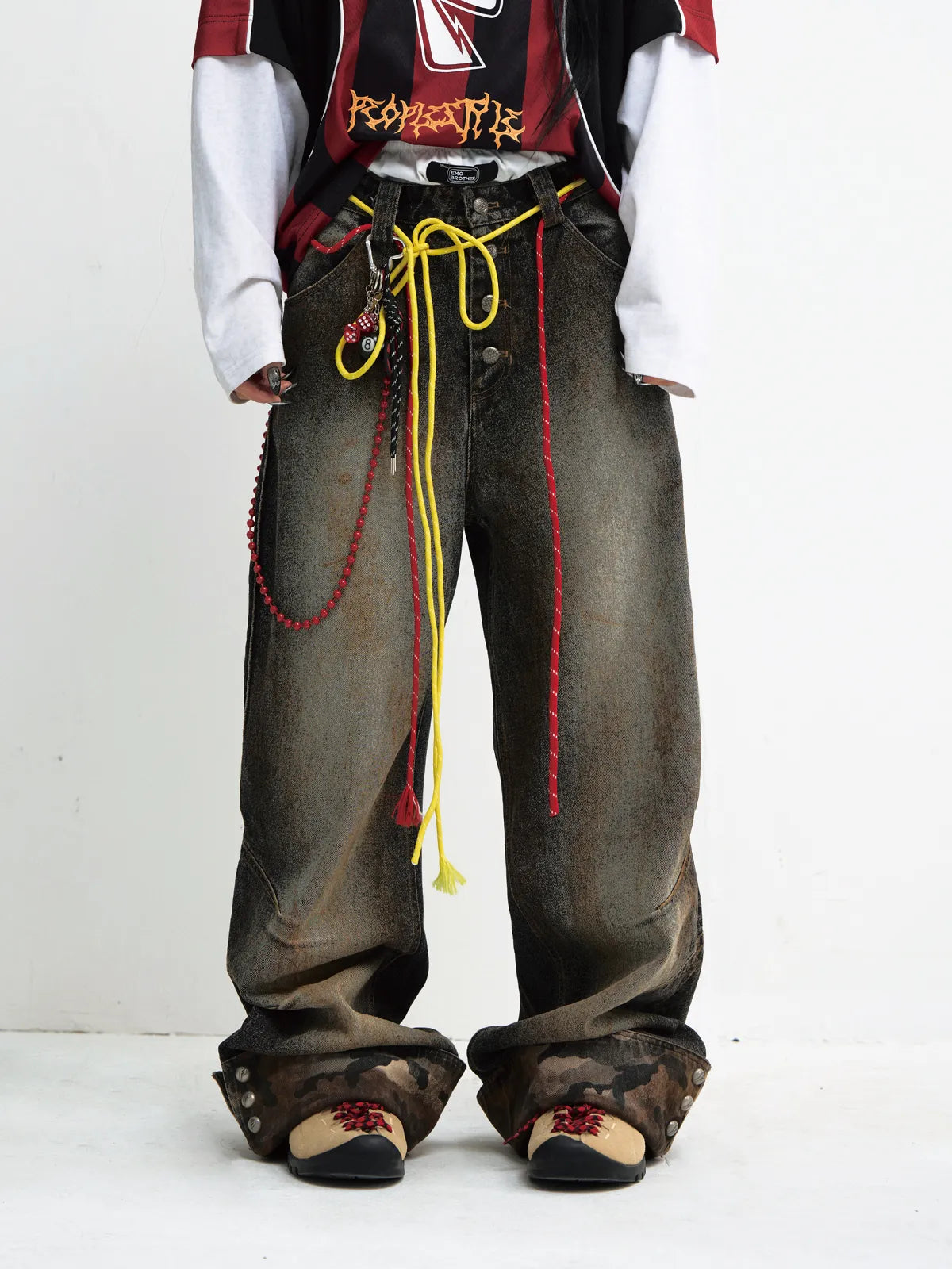 Peoplesense Mud-Dyed Straight-Leg Jeans with Camouflage Hem