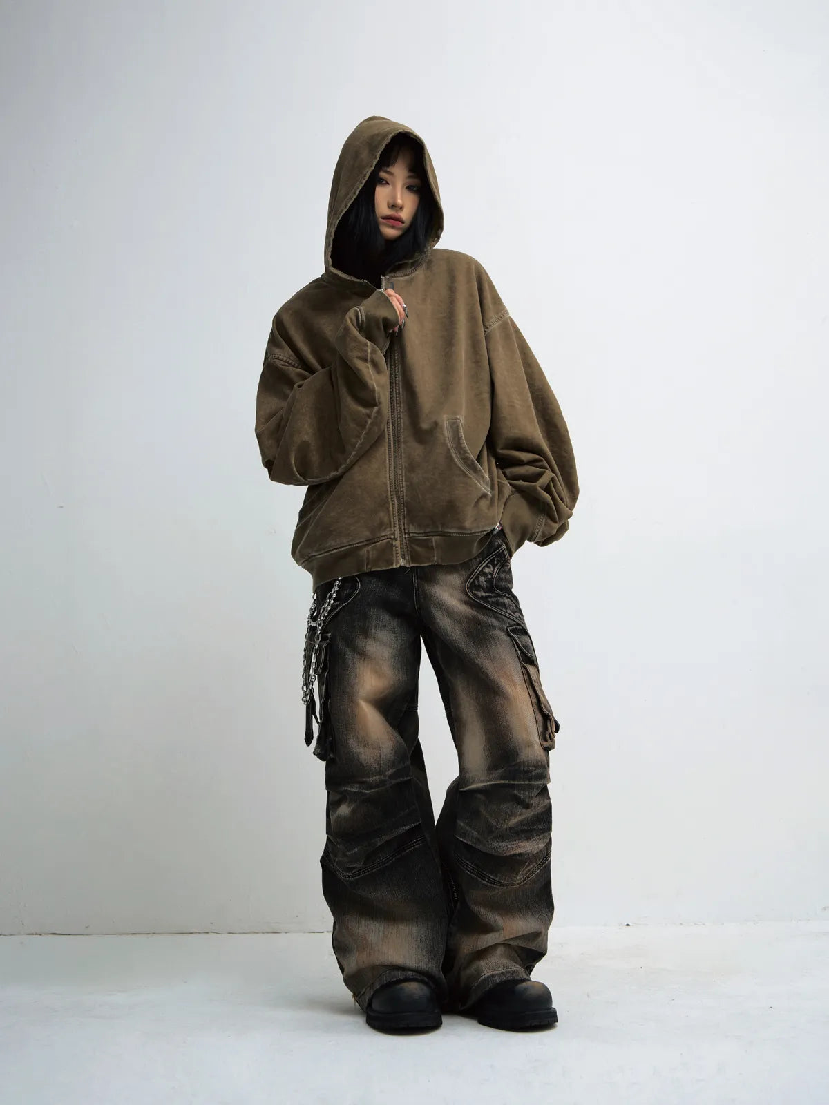 Peoplesense Vintage Knit Zip Up Hoodie Brown