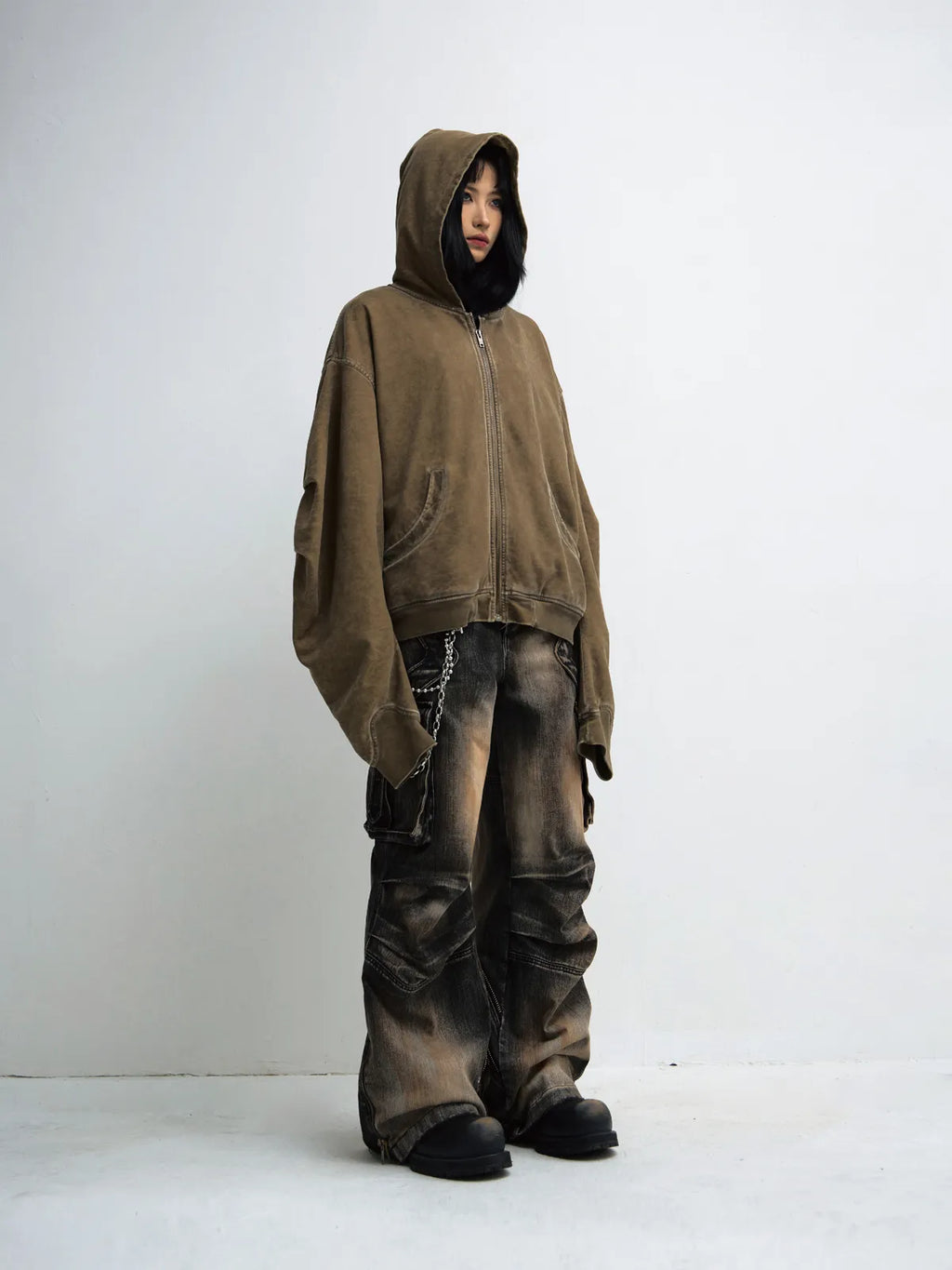 Peoplesense Vintage Knit Zip Up Hoodie Brown