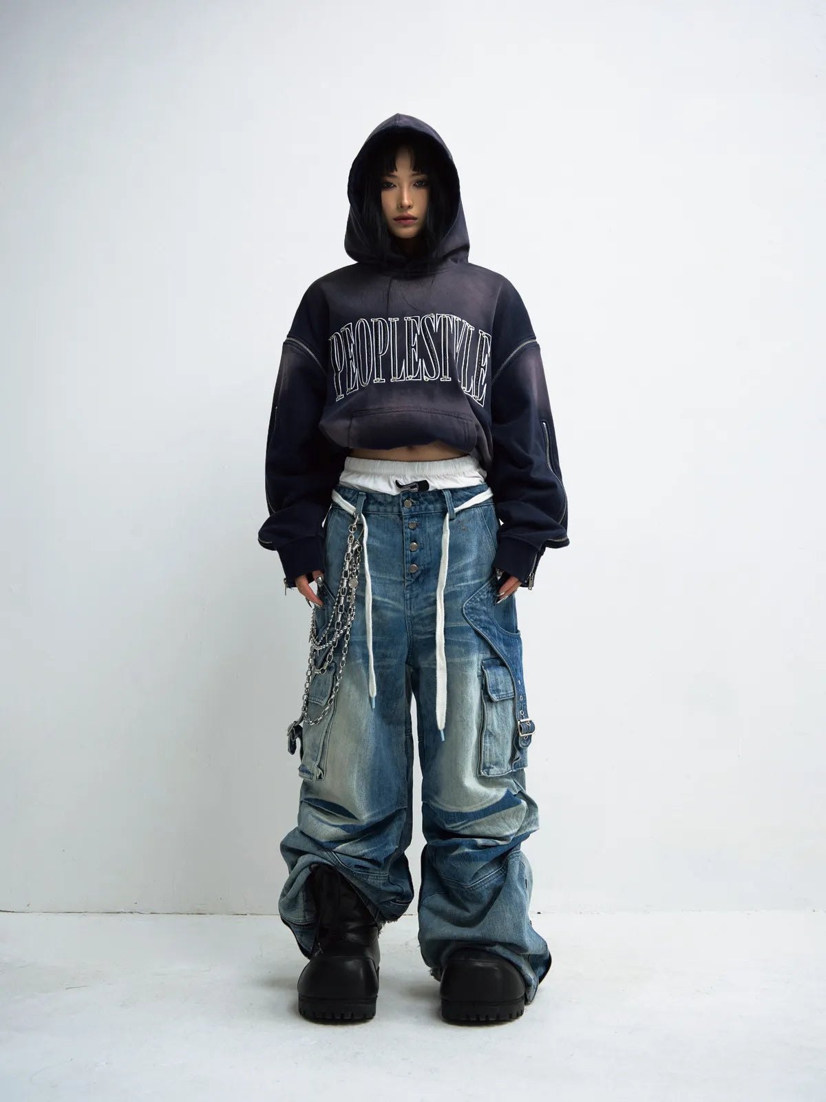 Peoplesense Vintage Wash Pleated Wide Leg Jeans