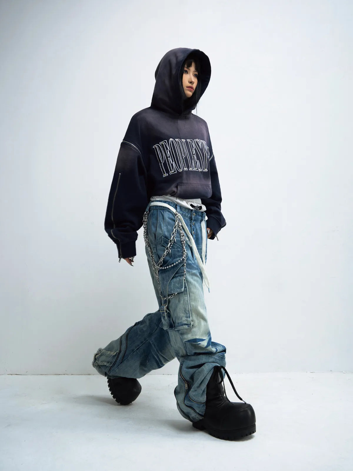 Peoplesense Vintage Wash Pleated Wide Leg Jeans