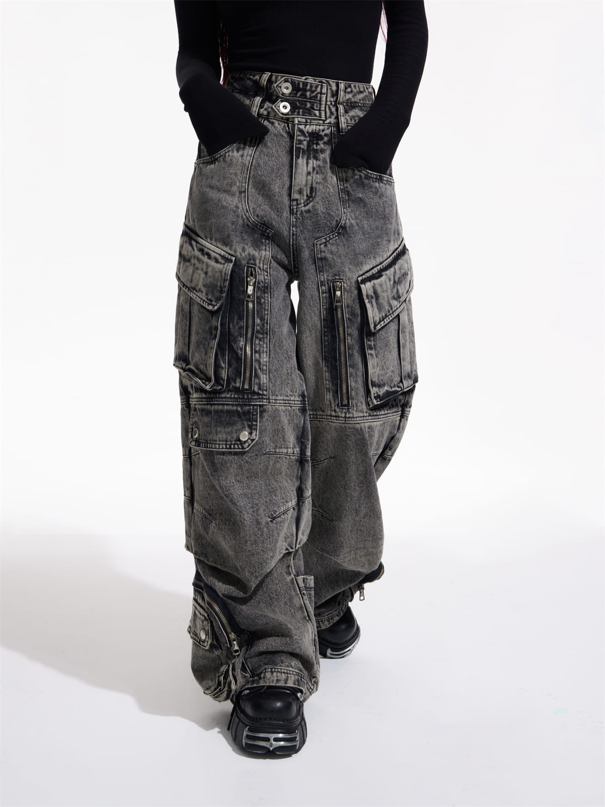 Peoplesense デニムパンツ グレー Peoplesenseウォッシュドグレーワイドレッグジーンズ（限定品
